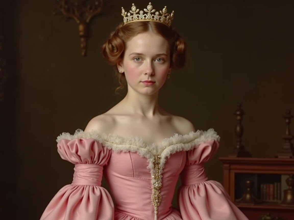 Young Woman in Lavish Pink Gown with Crown