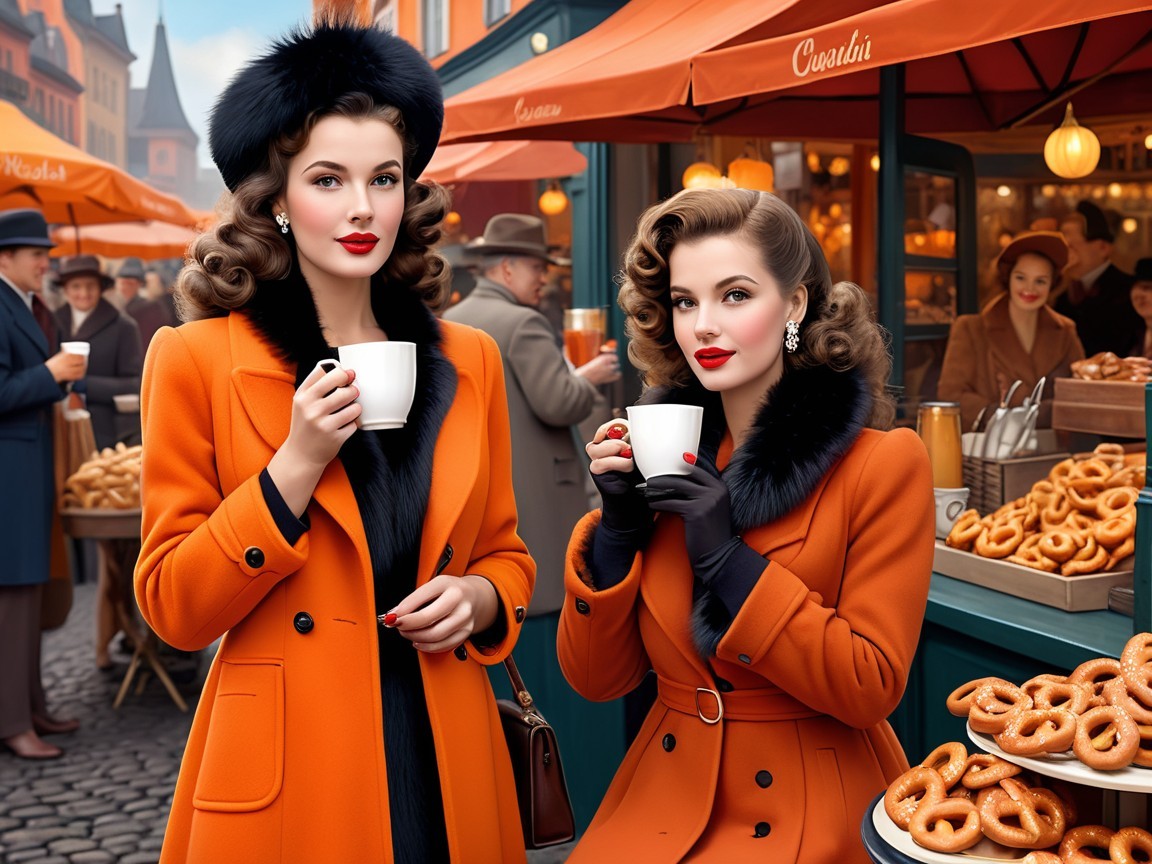 Elegant Women in Vibrant Coats at a Bustling Market