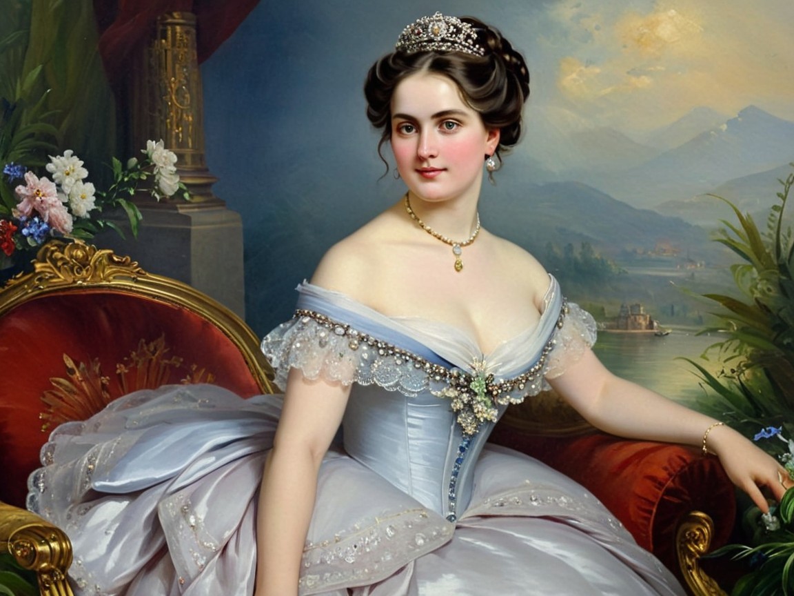 Elegant Woman in Off-Shoulder Gown with Scenic Background