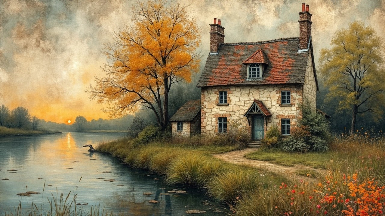 Stone Cottage by Serene River in Autumn Foliage