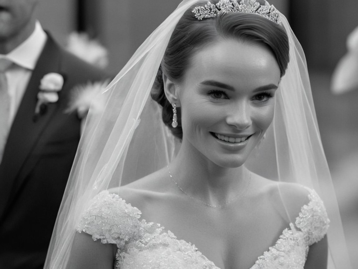Smiling Bride in Detailed Wedding Gown and Veil