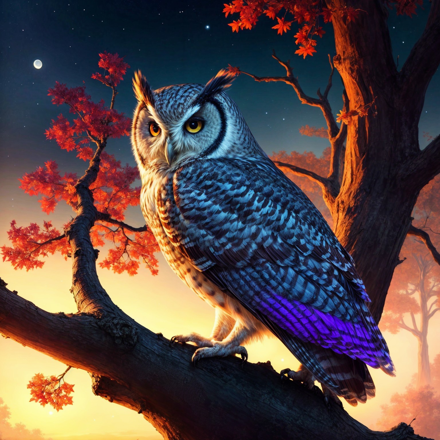 Majestic owl on gnarled branch at twilight sky