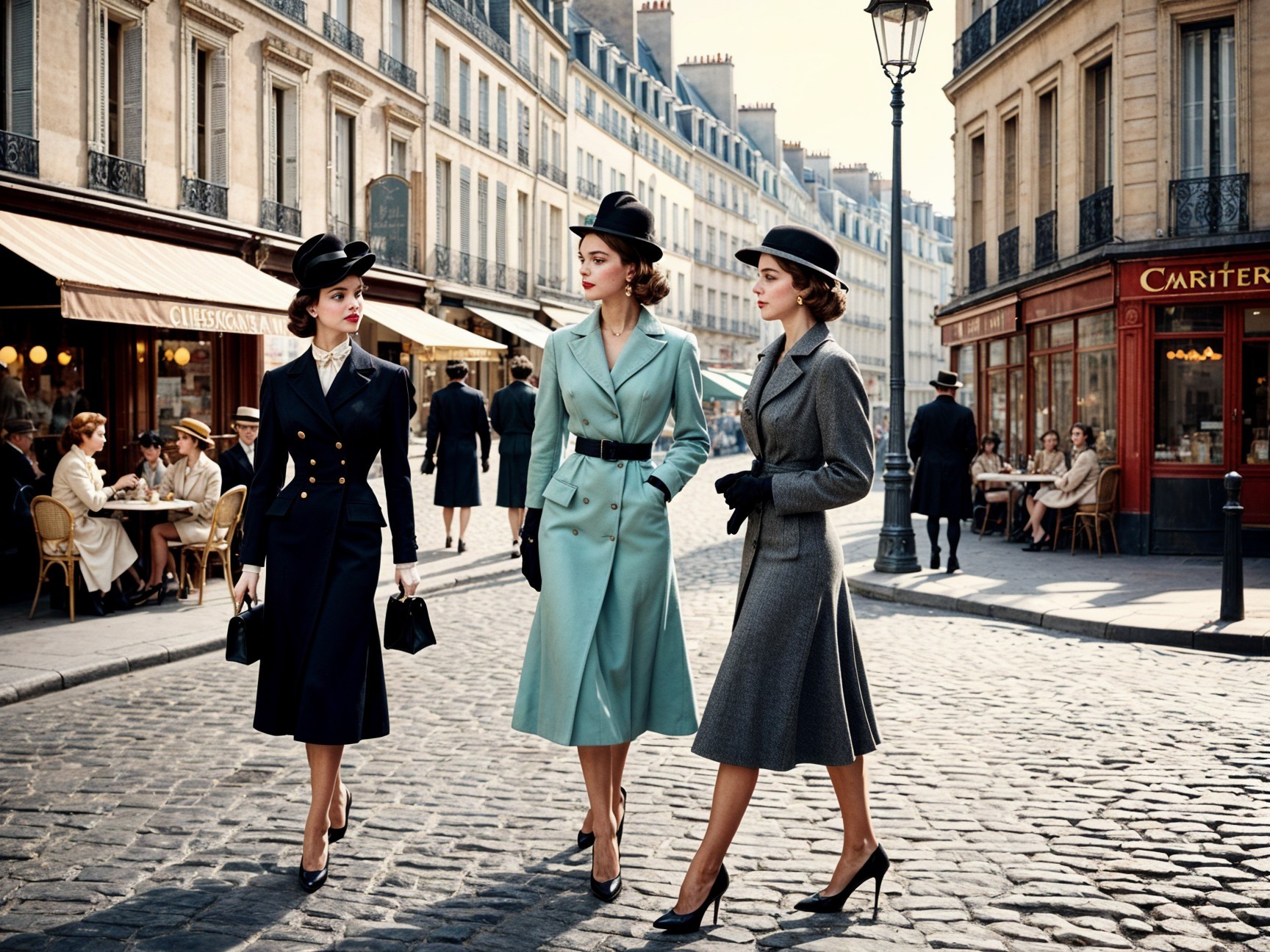 Elegant Women in Parisian Fashion on Cobblestone Street