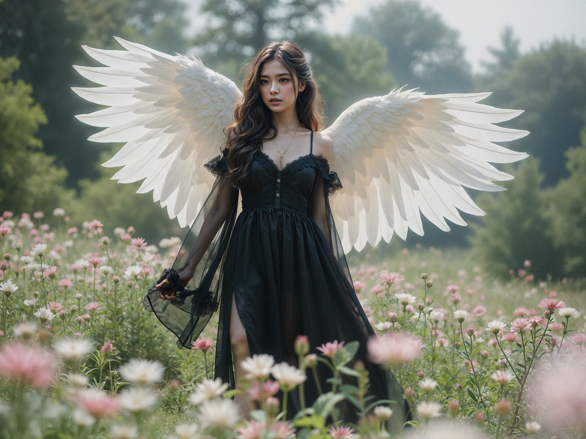 Young woman in black dress with white wings in flowers