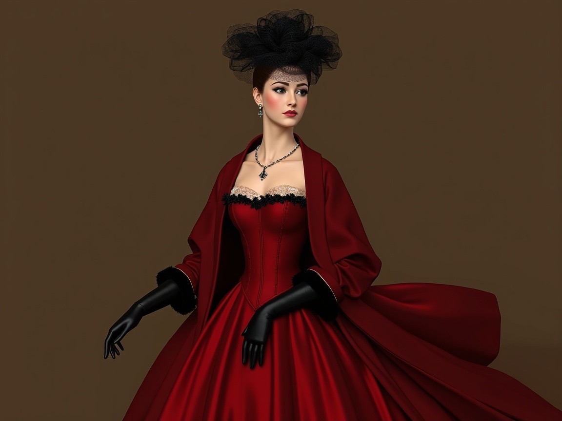 Elegant Woman in Red Gown with Lace Detailing