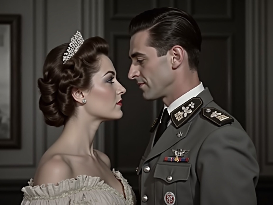 Elegant Couple in Vintage Gown and Military Uniform