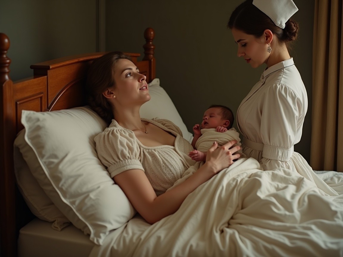 Mother Cradling Newborn in Softly Lit Bedroom