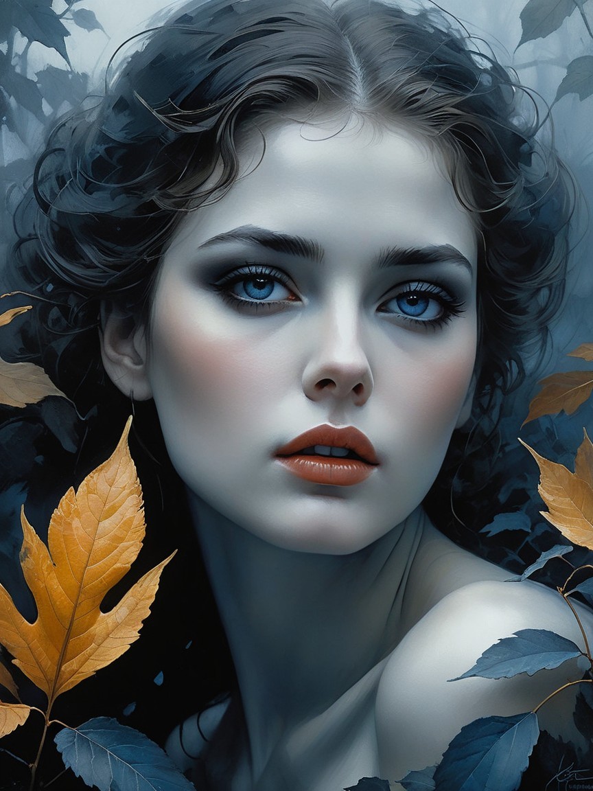 Close-up portrait of a young woman in foliage