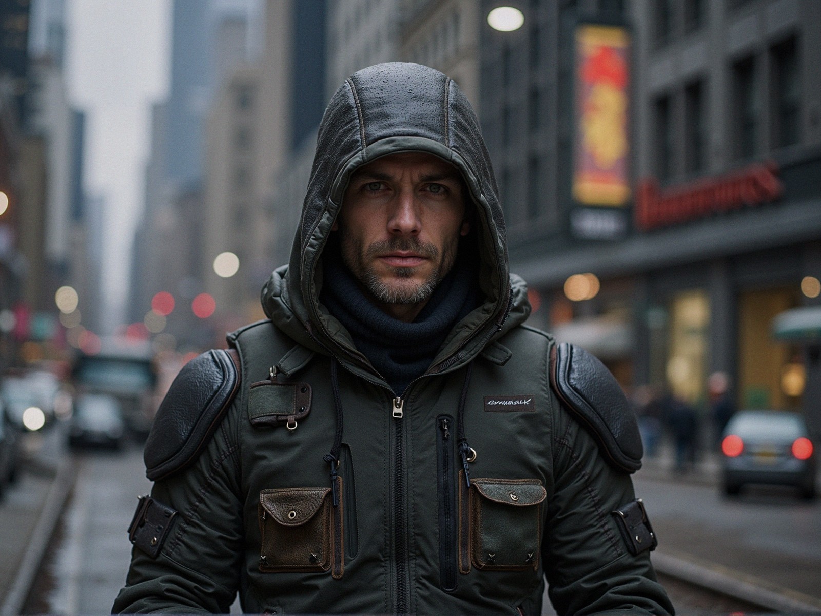 Brooding Figure in Urban Setting with City Lights