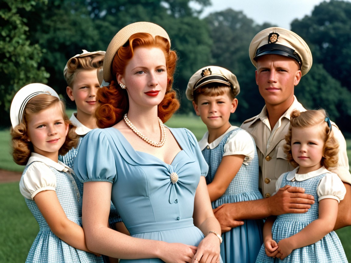 Polished family portrait in light blue dresses outdoors