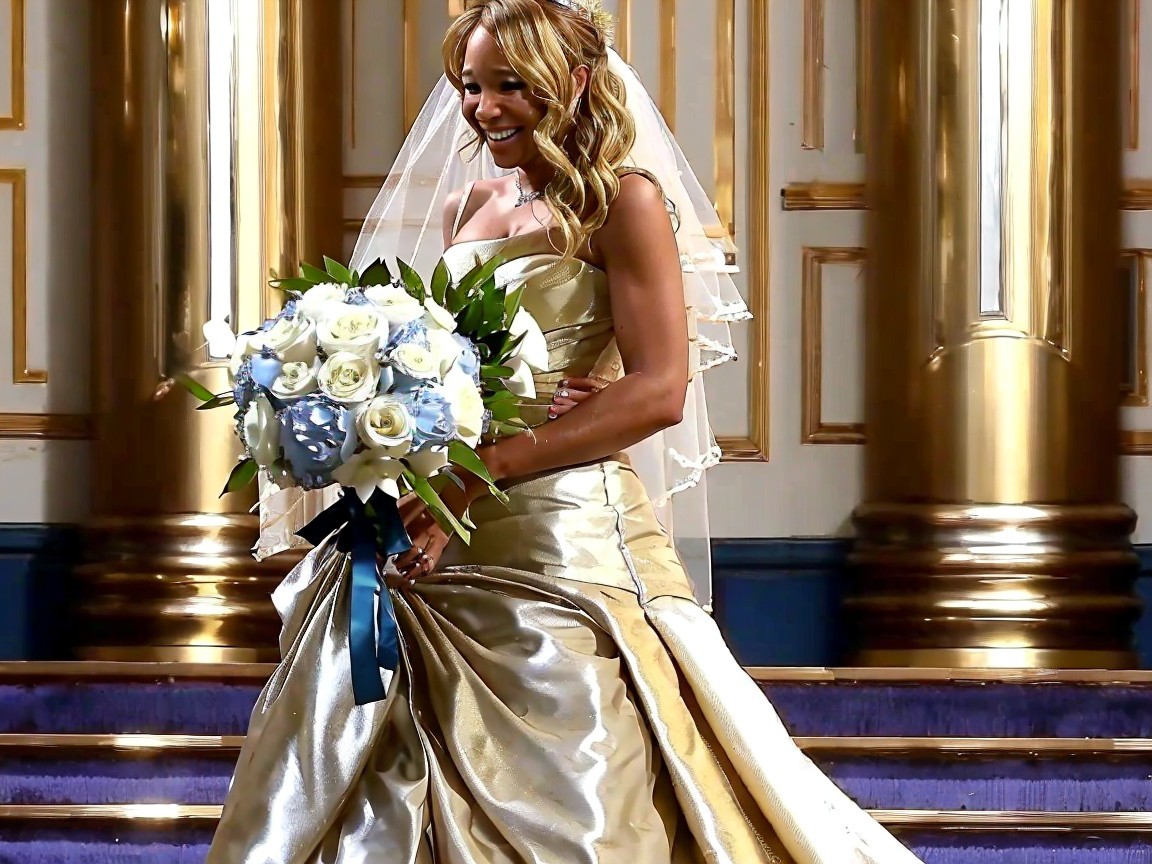 Joyful bride in elegant gown at opulent venue