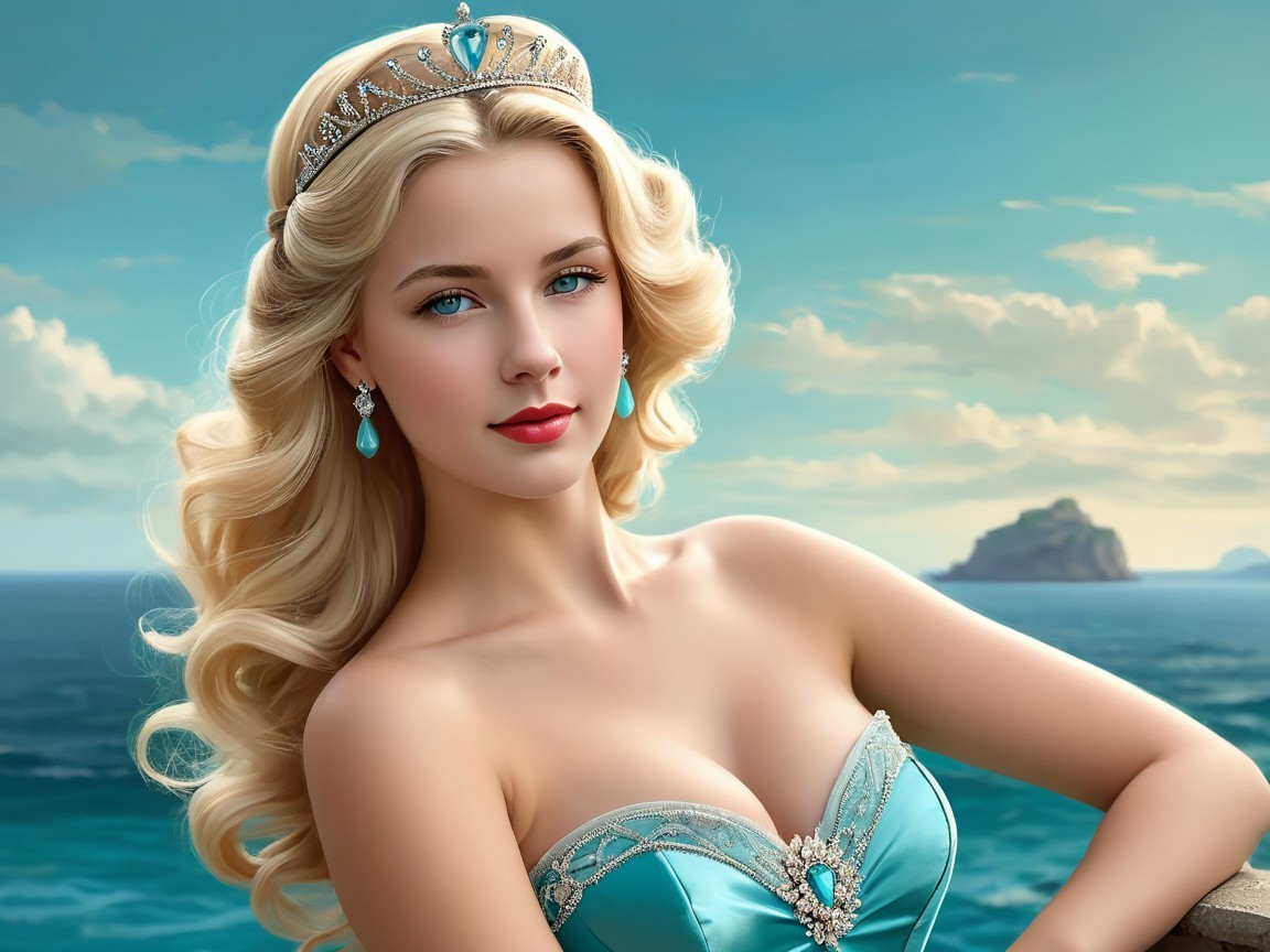 Young woman in aqua dress with ocean backdrop