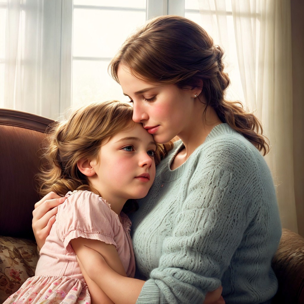 Mother and daughter share a warm embrace in soft light