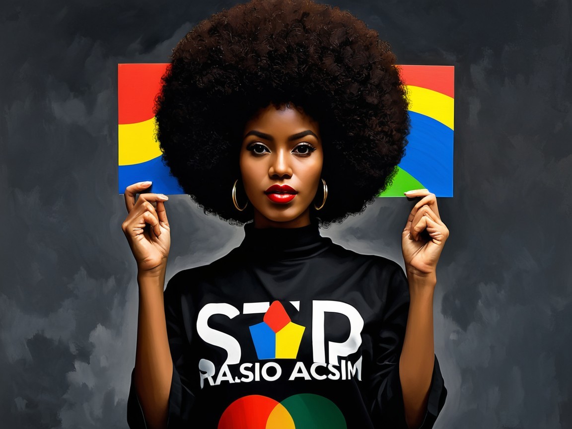 Confident Woman Advocating Against Racism with Flags