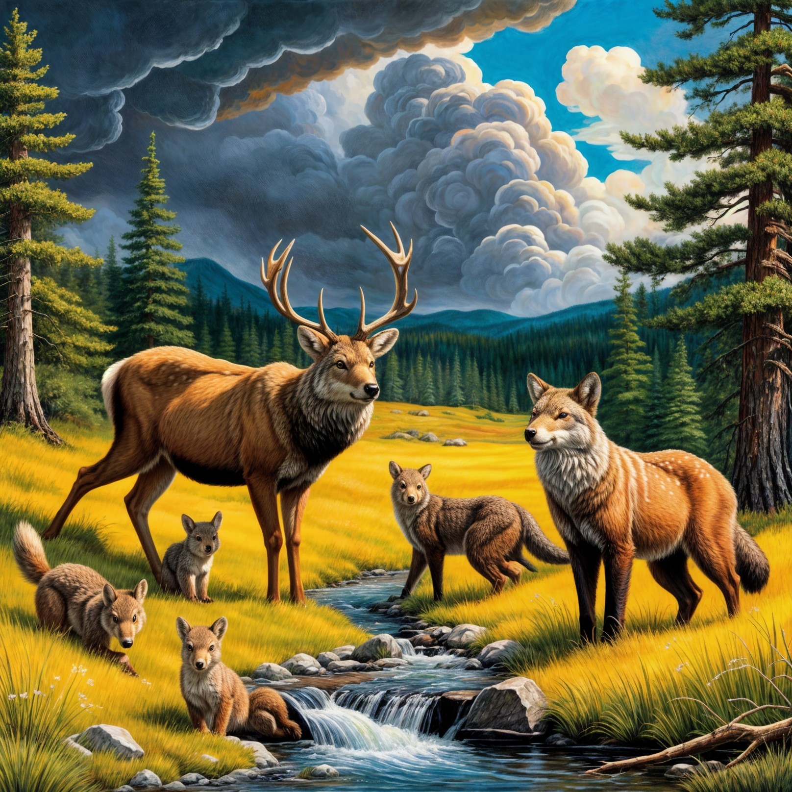 Majestic stag and playful foxes by a serene stream