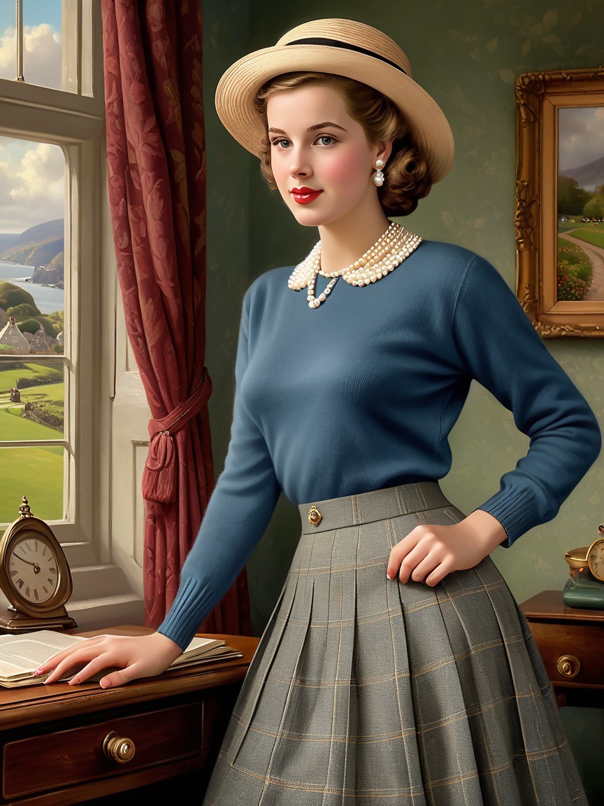 Young Woman in Vintage Attire with Scenic Background