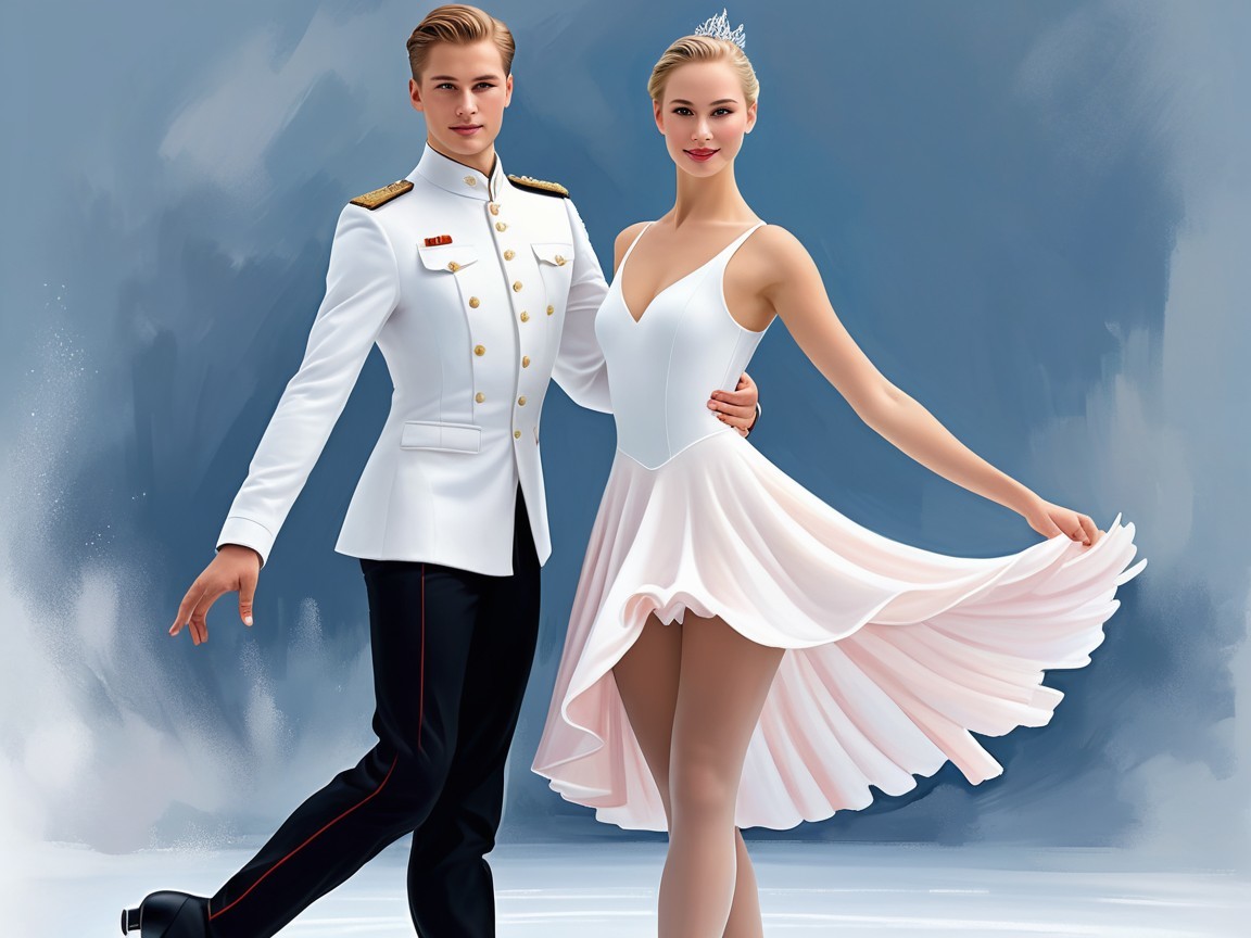 Elegant Couple Posing on Ice Rink in Formal Attire