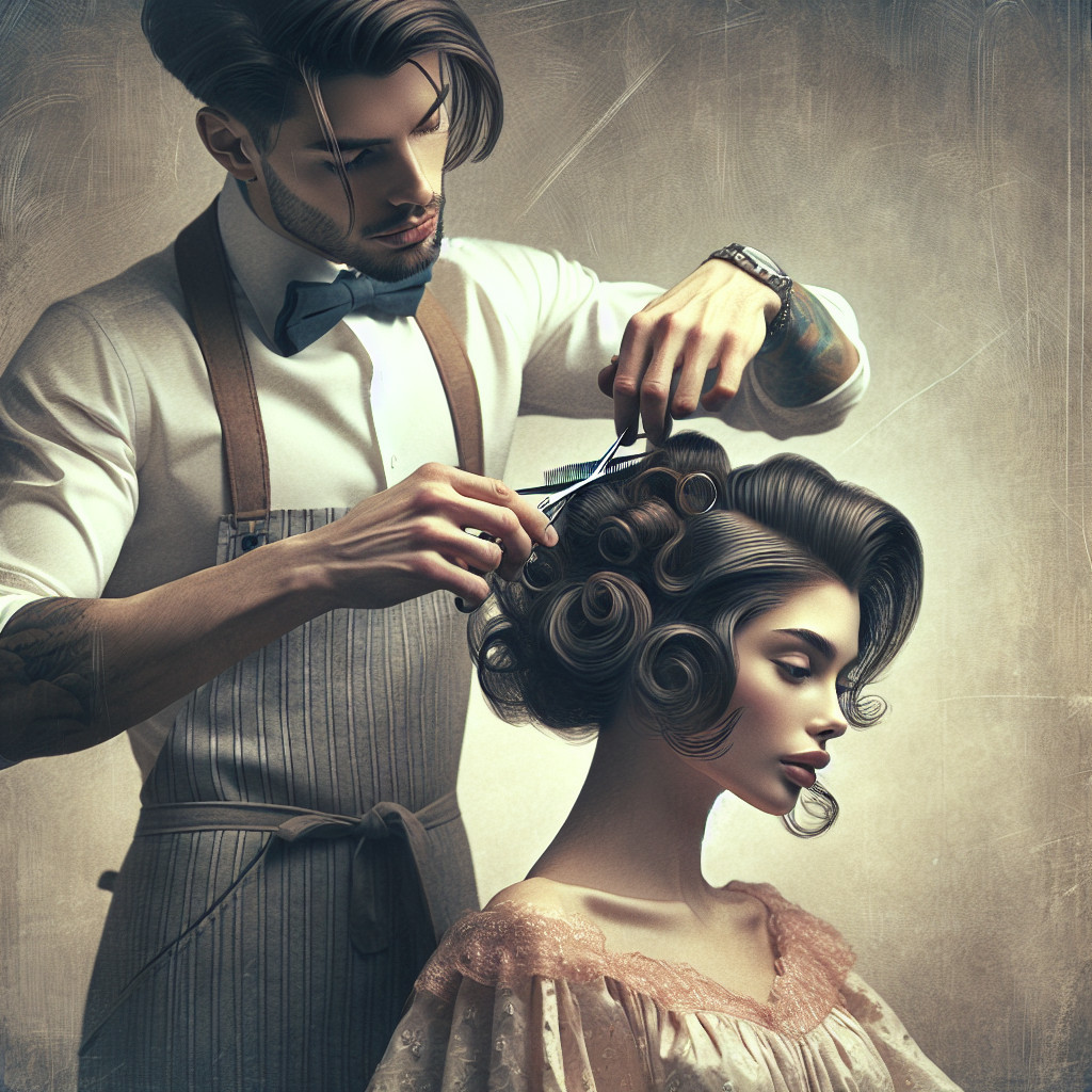 Vintage Salon Scene with Skilled Stylist and Model