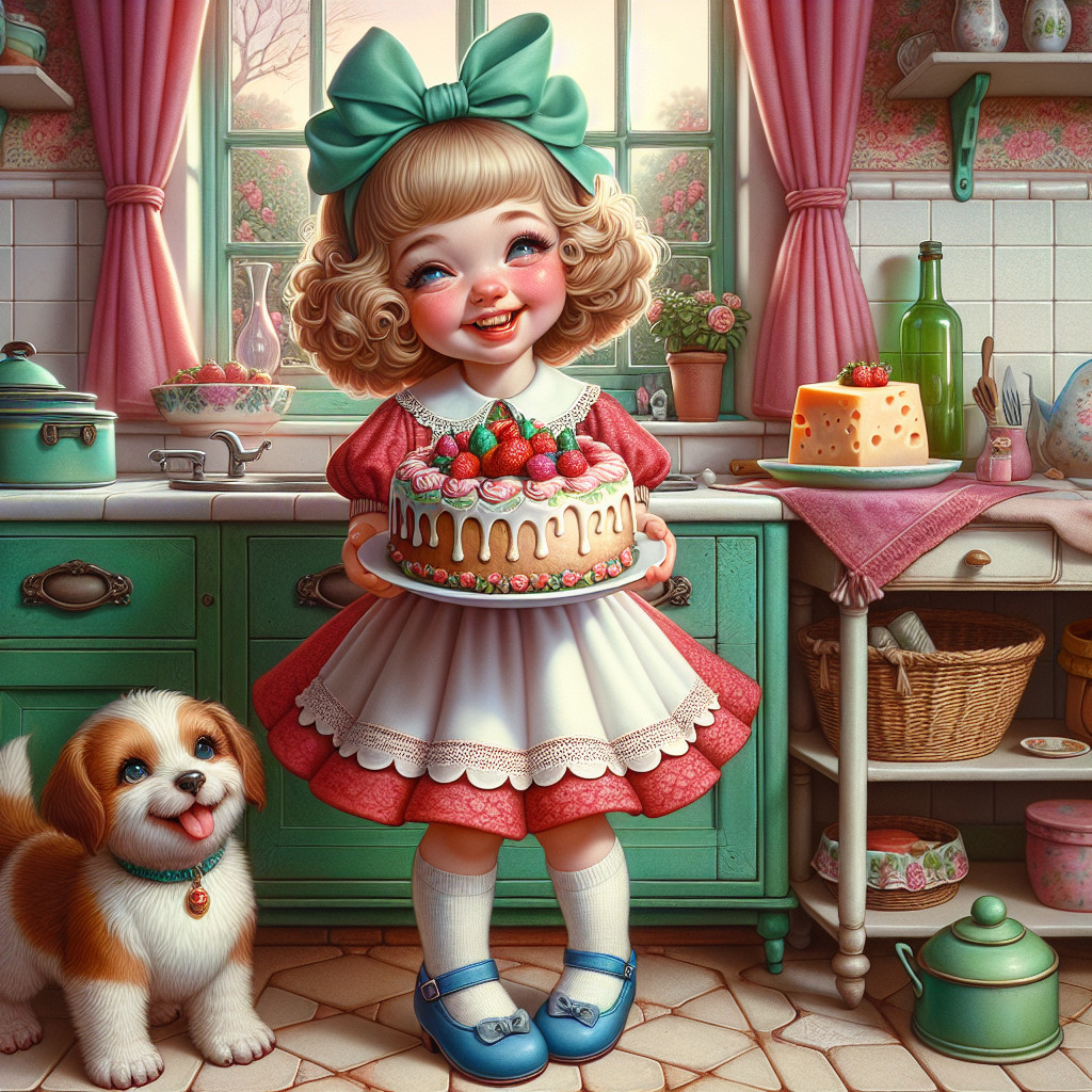 Vintage Kitchen Scene with Girl and Cake Decor