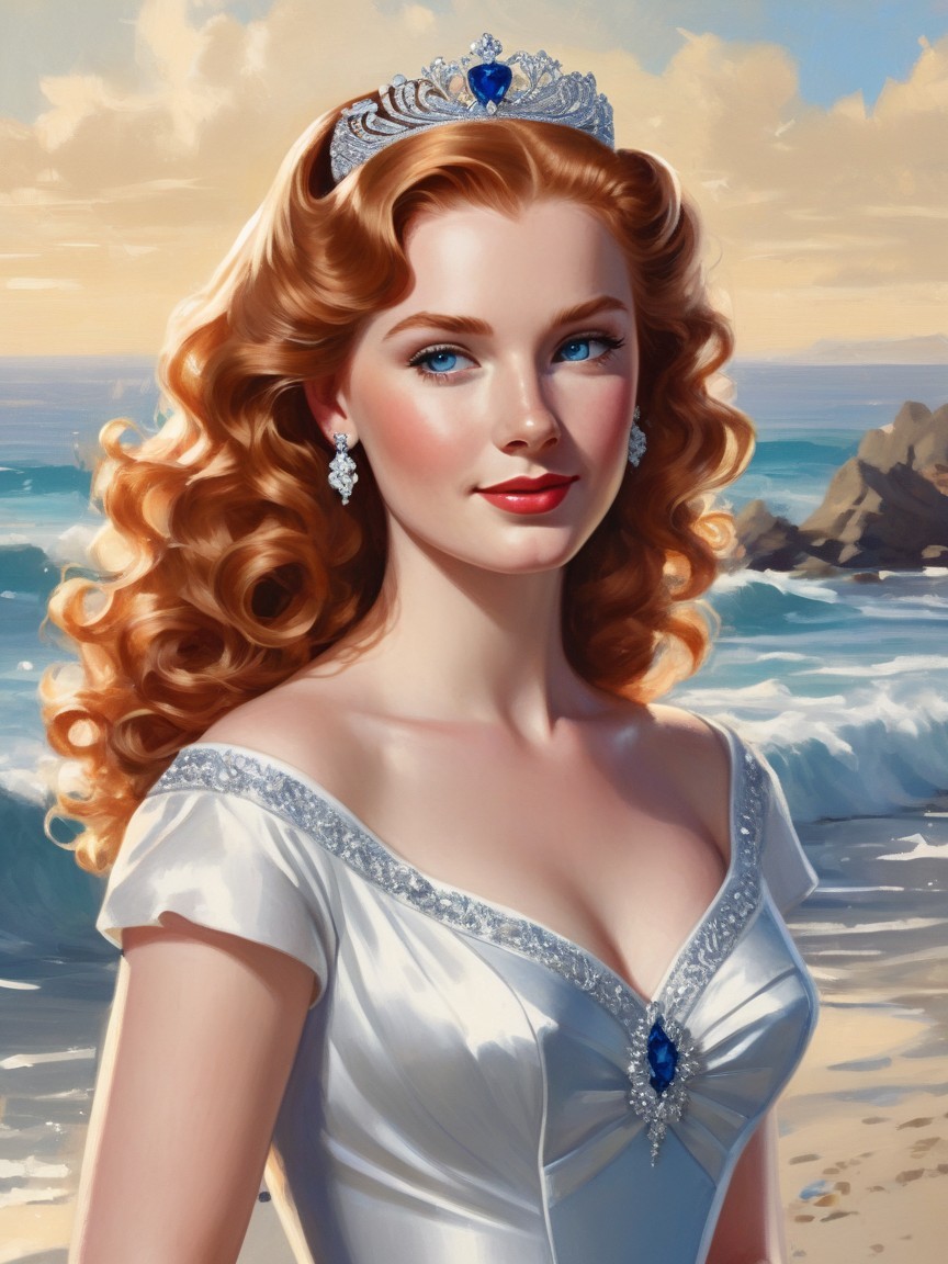 Young woman in elegant gown by picturesque beach