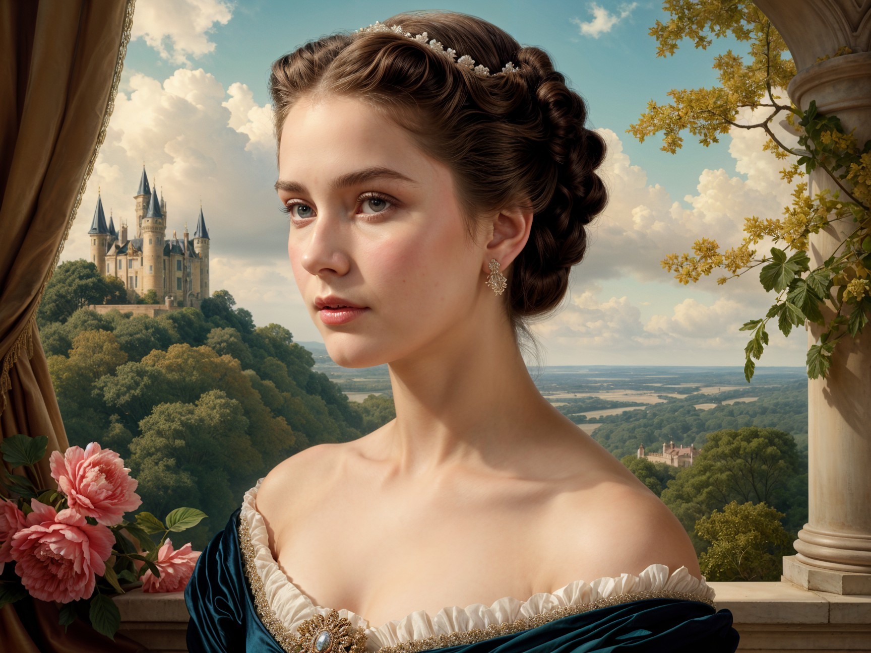 Young Woman in Elegant Historical Gown with Castle Background