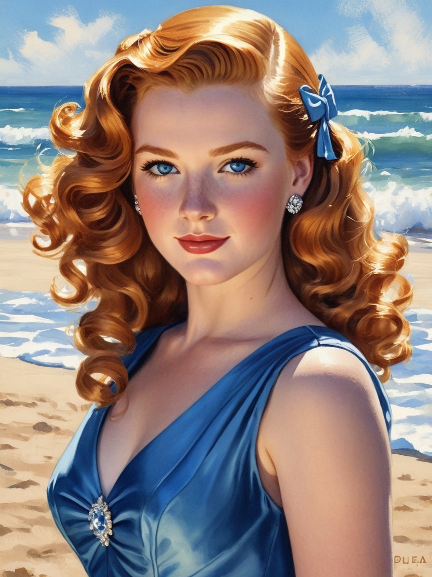 Young woman with red hair in blue dress by beach