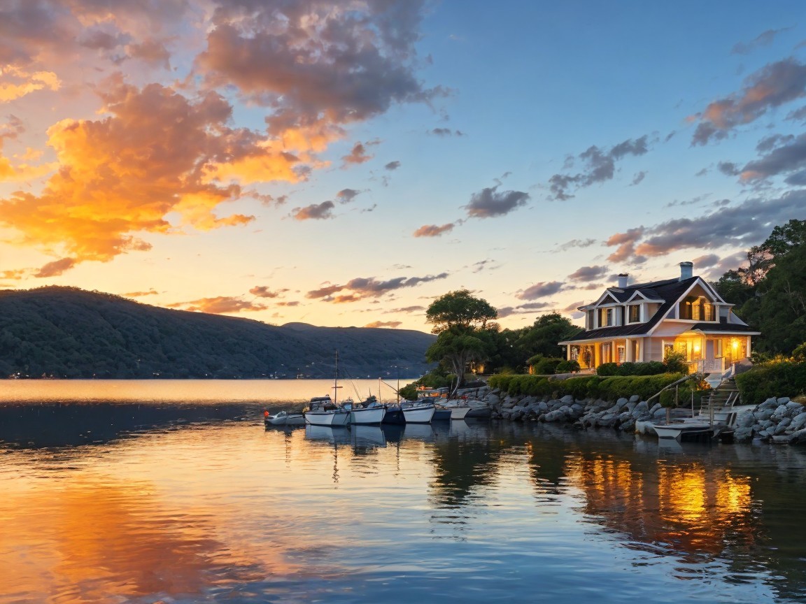 Serene Sunset Over Calm Lake with Charming House