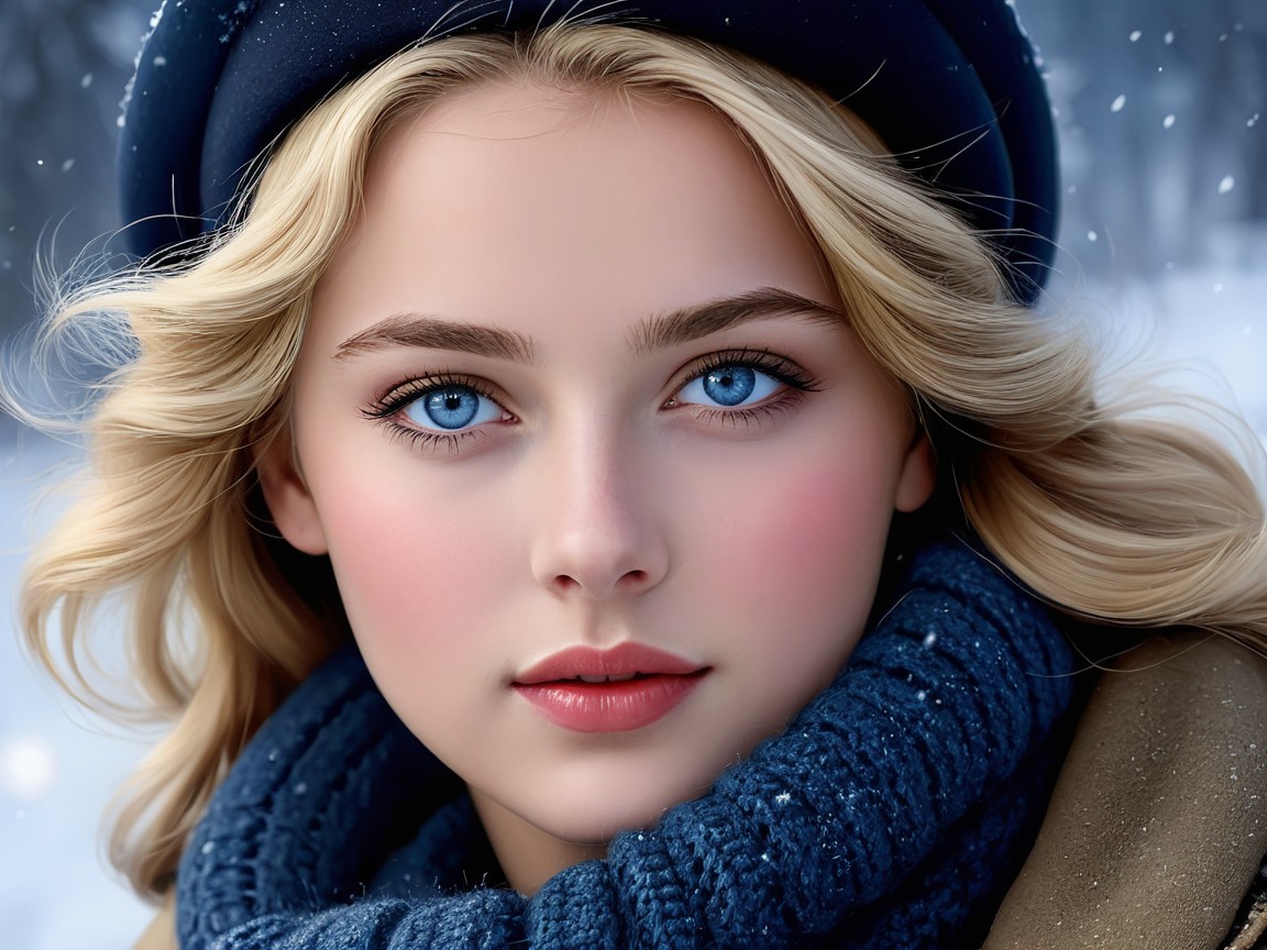 Young woman with blue eyes in a snowy winter scene