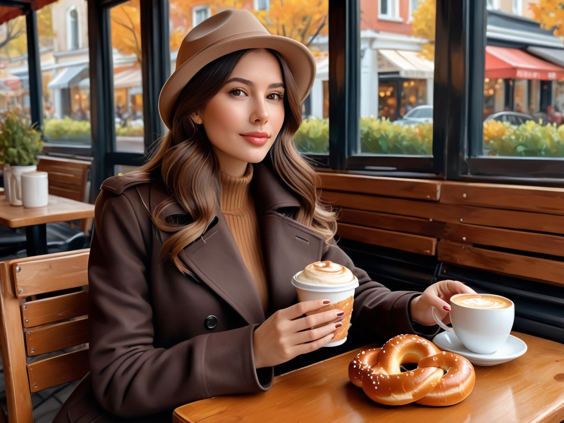 Cozy Café Scene with Autumn Decor and Warm Beverages