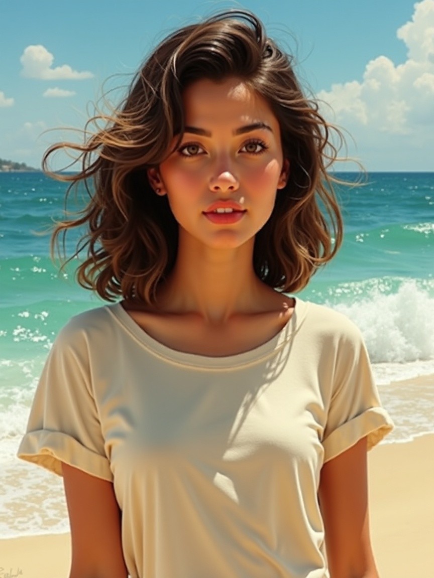 Young woman on sunny beach with serene expression