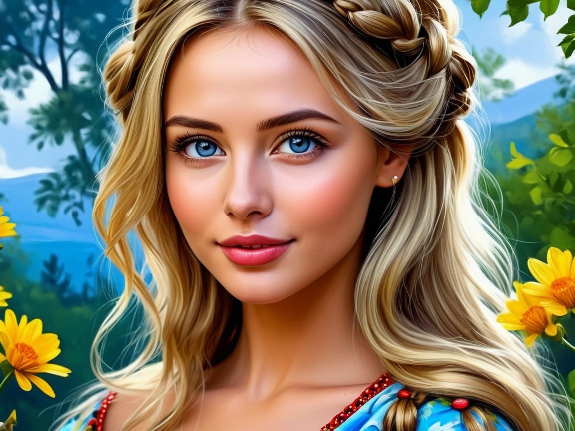 Young woman with blonde hair in a serene garden setting