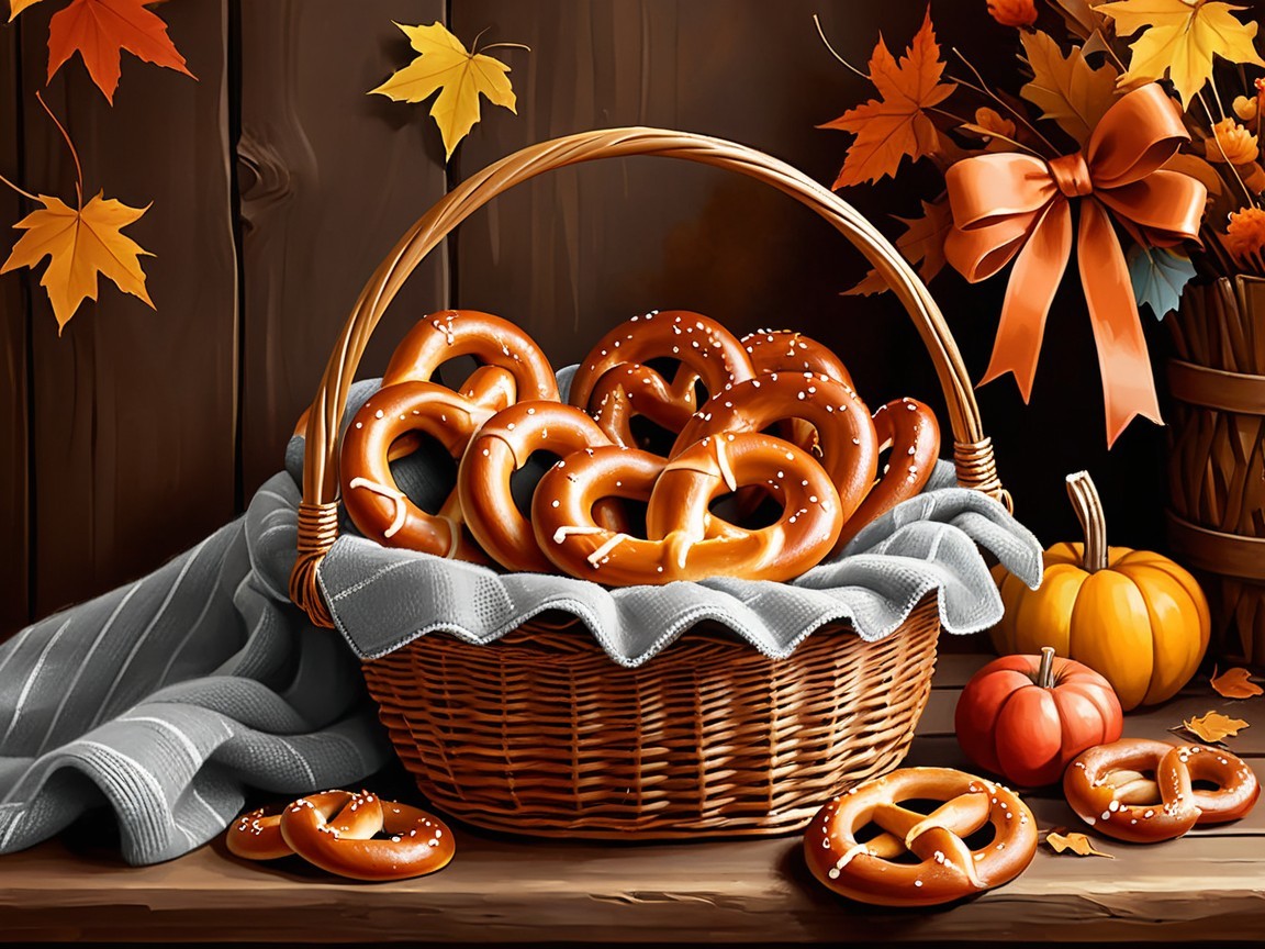 Woven Basket of Pretzels with Autumn Decorations