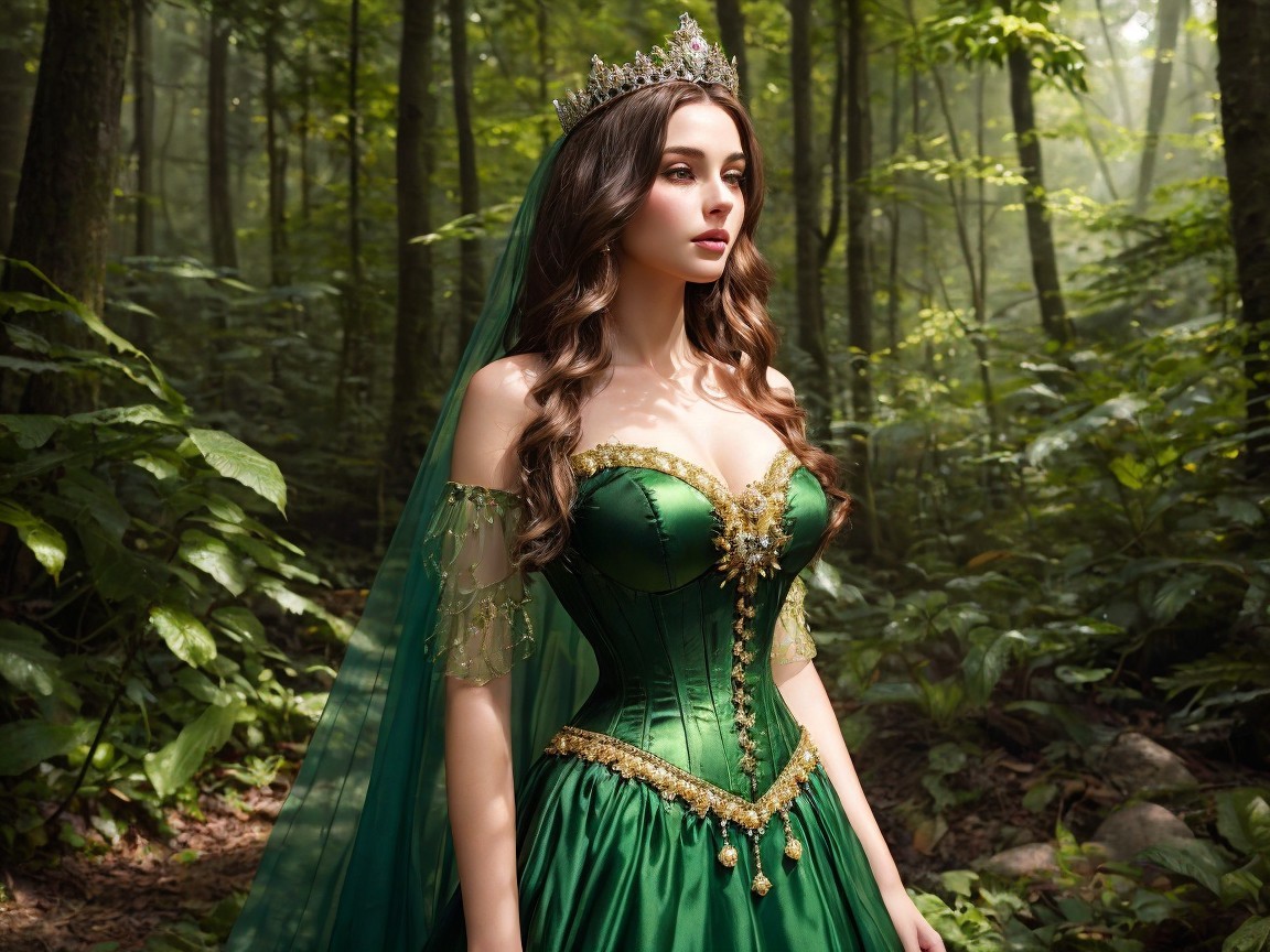 Elegant woman in emerald gown in a lush forest
