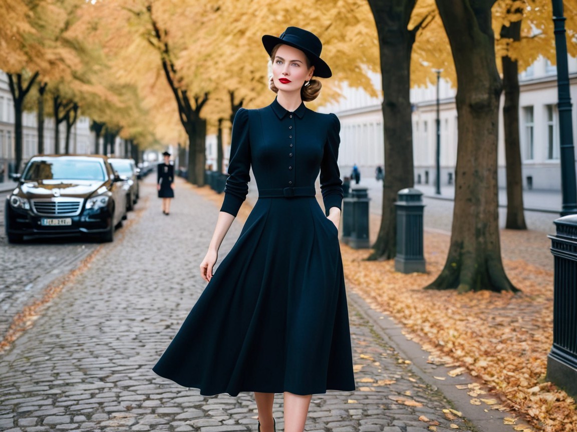 Stylish Woman on Autumn Cobblestone Street Scene