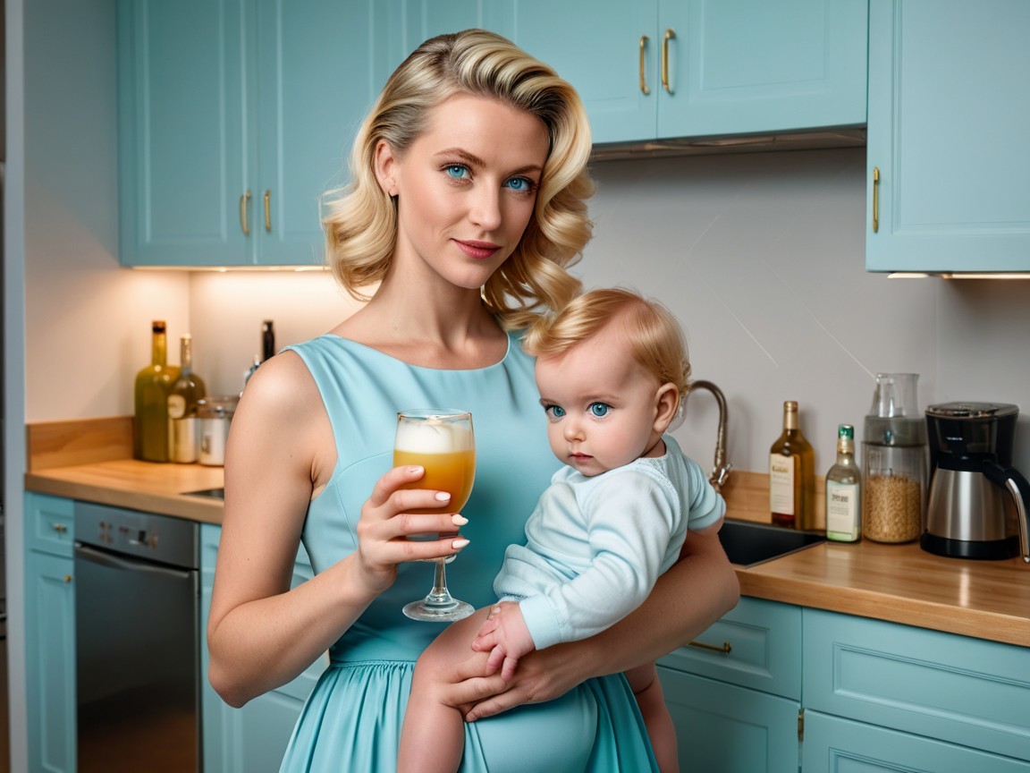 Stylish Woman in Blue Dress with Child in Modern Kitchen