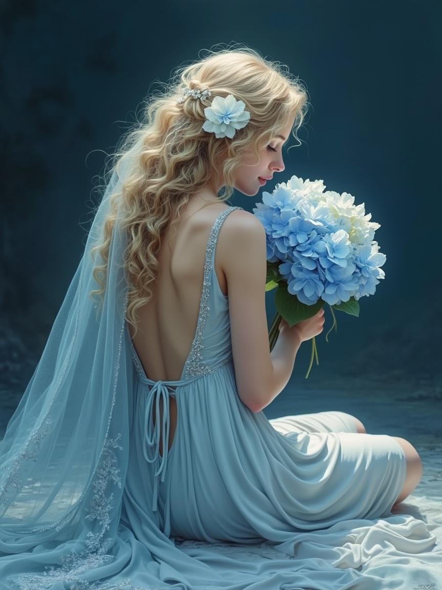 Elegant figure in light blue gown with hydrangeas
