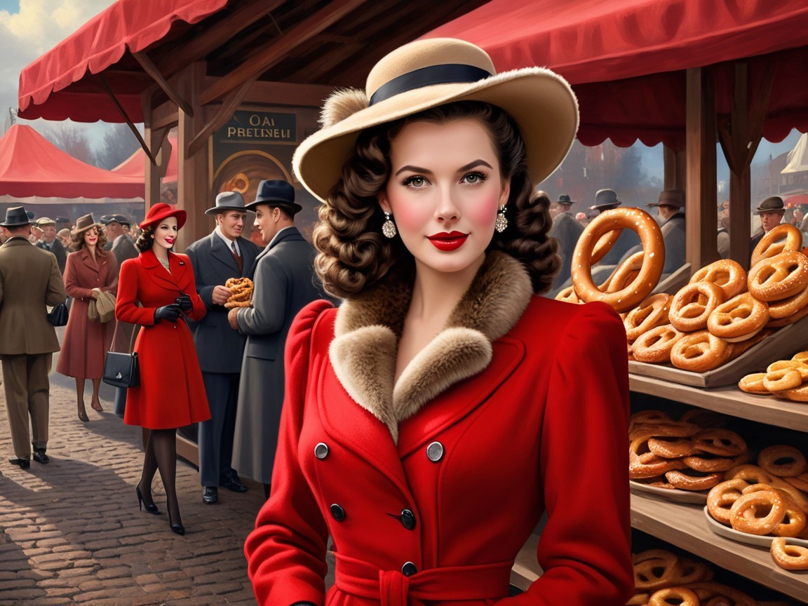 Vibrant Past Market Scene with Stylish Woman in Red Coat