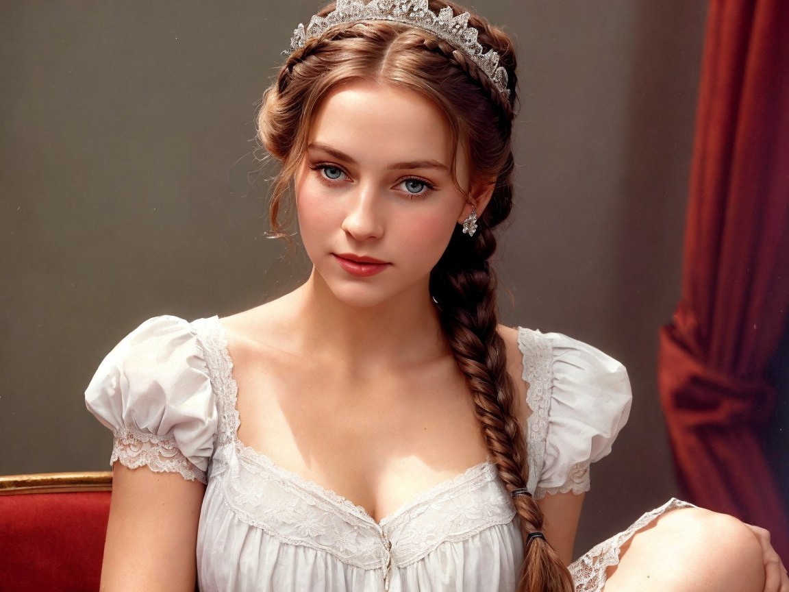 Elegant Young Woman in White Dress with Tiara