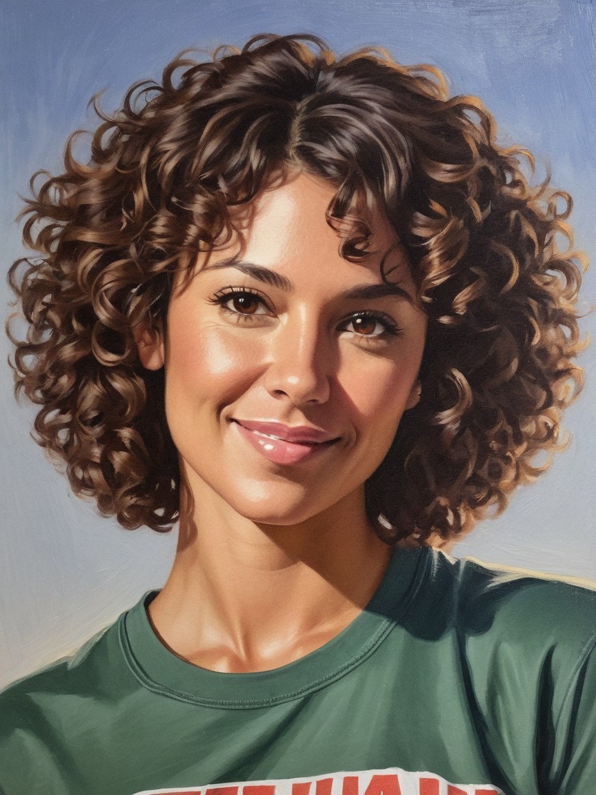 Portrait of a woman with curly brown hair and smile
