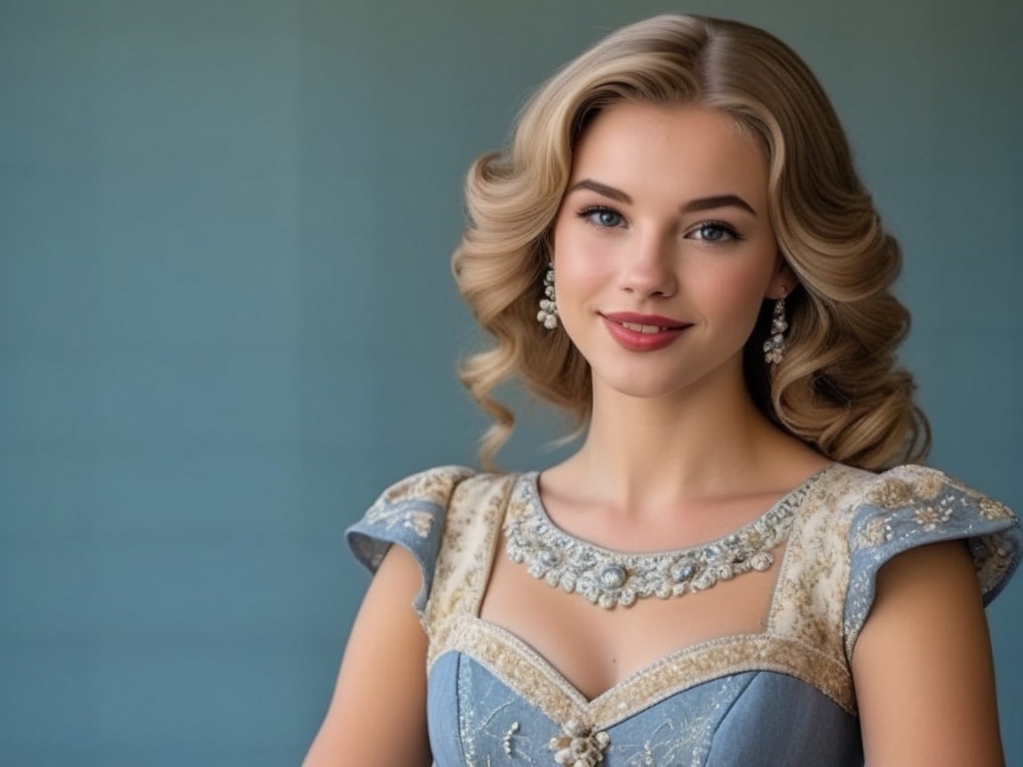Young woman in vintage gown against soft blue background