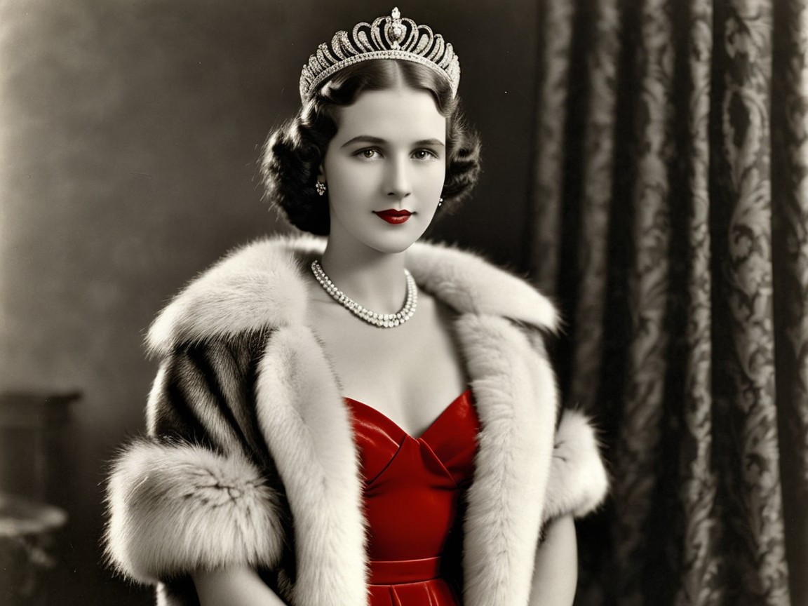 Elegant Woman in Red Gown with Vintage Backdrop