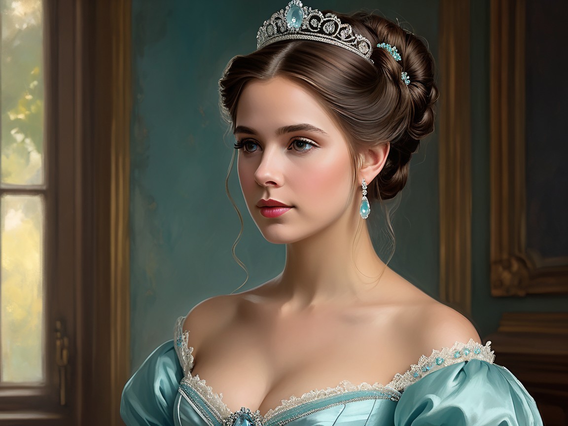 Elegant Portrait of a Woman in Blue Gown and Tiara