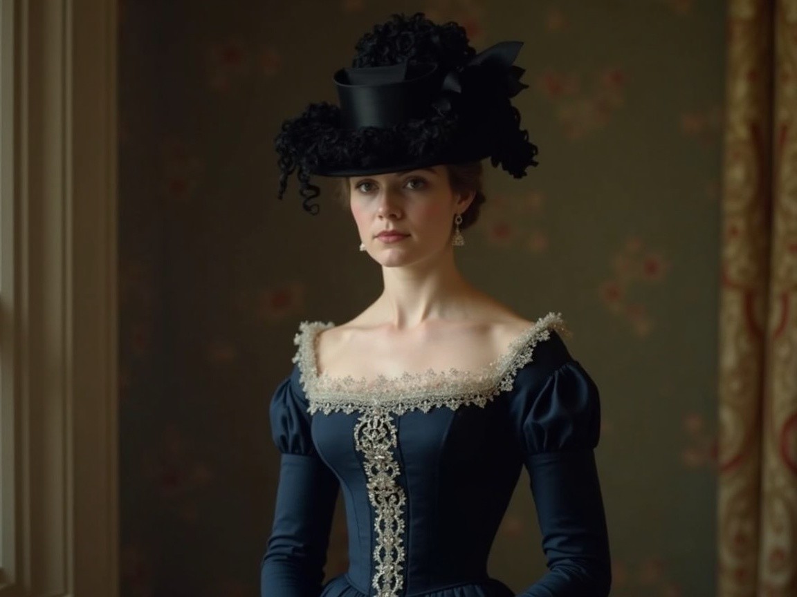 Elegant Woman in Vintage Setting with Dark Blue Gown