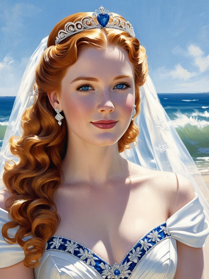 Bride in Elegant Gown by Ocean with Red Hair and Tiara