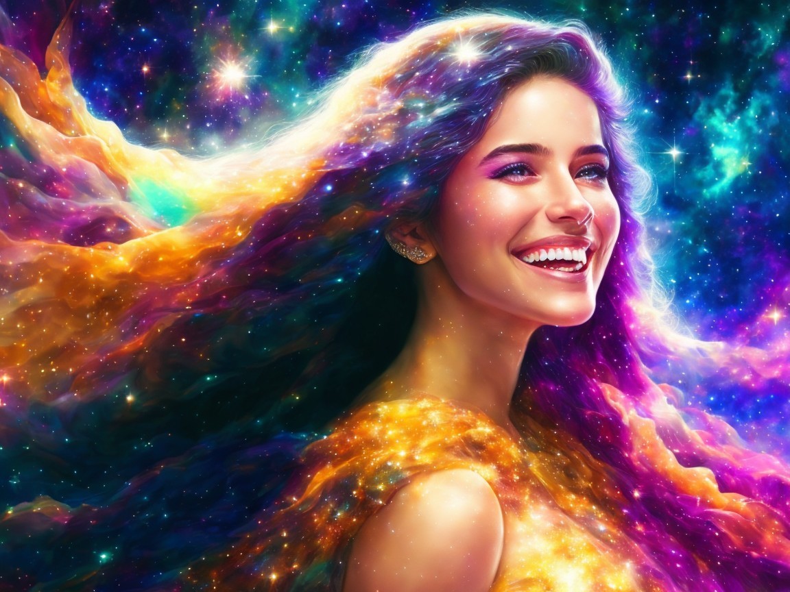 Joyful Woman Intertwined with Vibrant Cosmic Colors