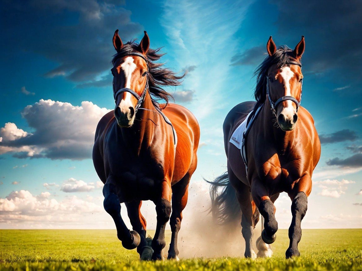 Horses Galloping in a Sunlit Field with Blue Sky