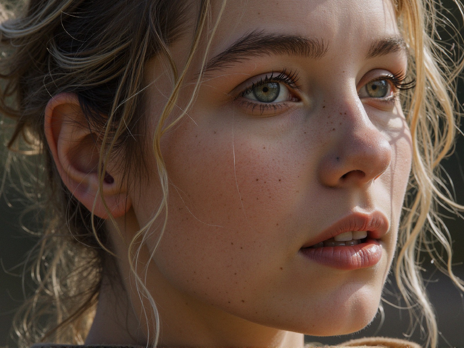 Close-Up of a Young Woman with Green Eyes and Freckles
