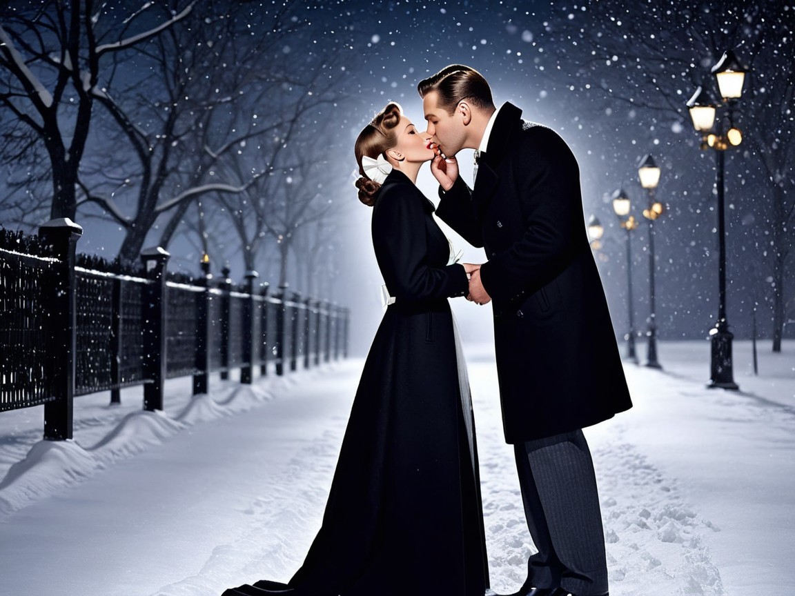 Couple Kissing in a Romantic Snowy Setting