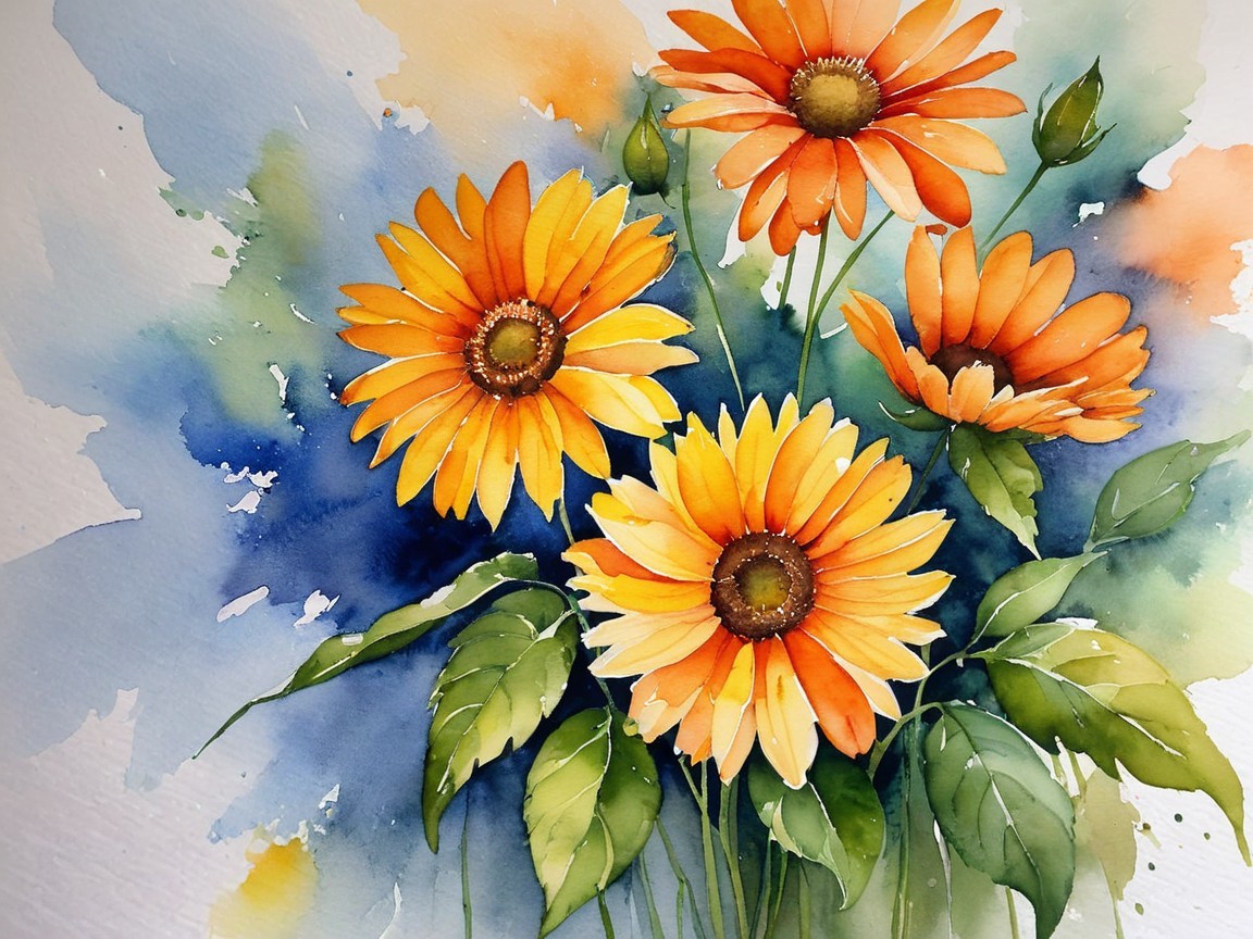 Vibrant Watercolor of Orange Daisies and Green Leaves