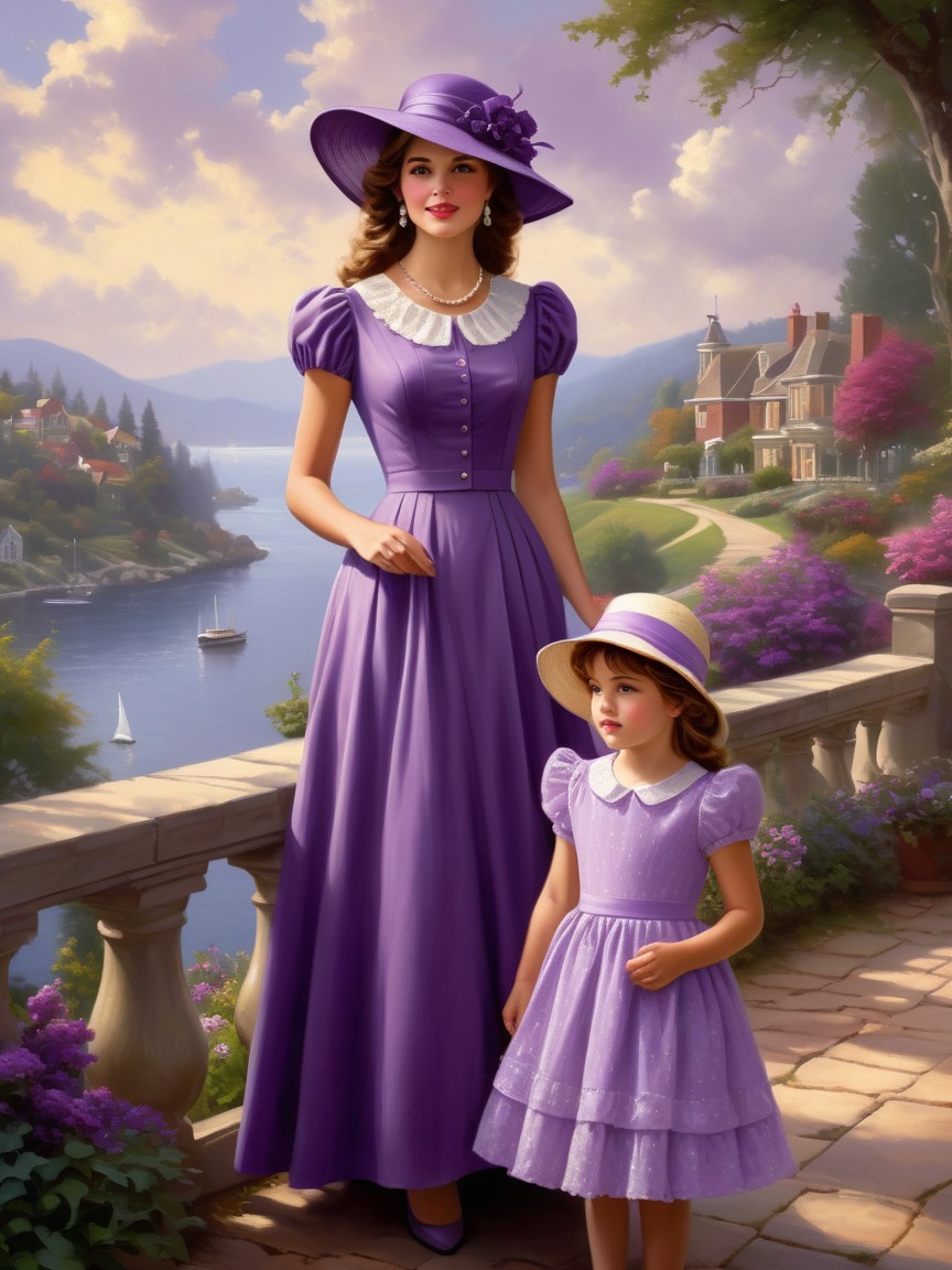 Elegant Women and Girl by Picturesque Lakeside